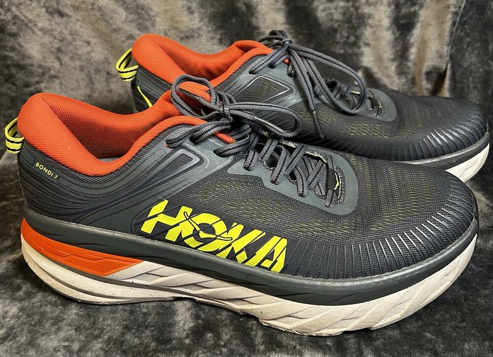 HOKA ONE ONE Bondi 7 Men’s Size 10 Gray Orange Yellow Running Shoes 1110518